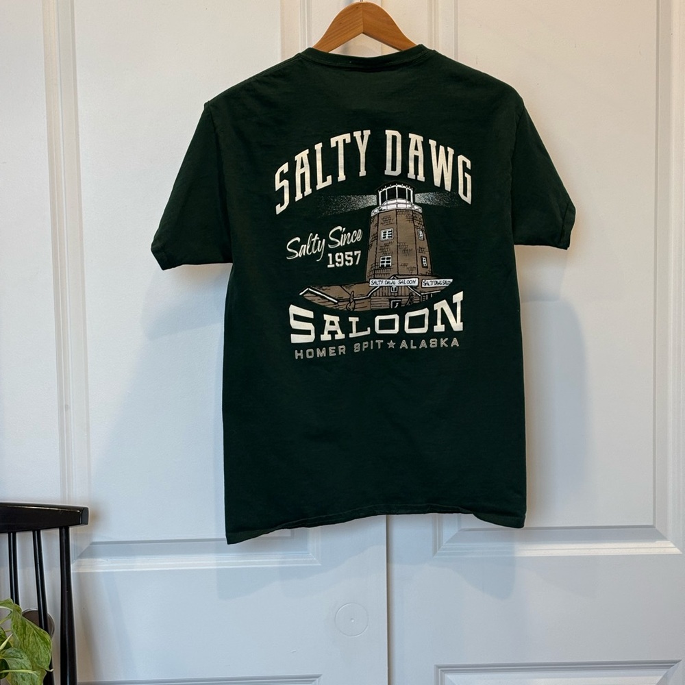 Alaska’s Salty Dawg Saloon 100% Cotton Forest Green Graphic Pocket Tee